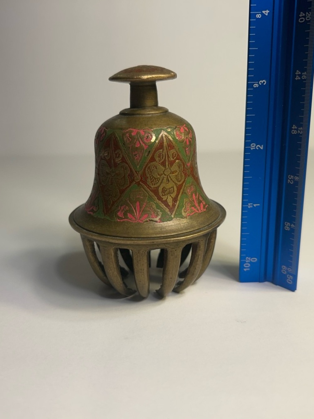 Vtg Brass Hand Painted Elephant Claw Bell With Red And Green Made In India 1970s